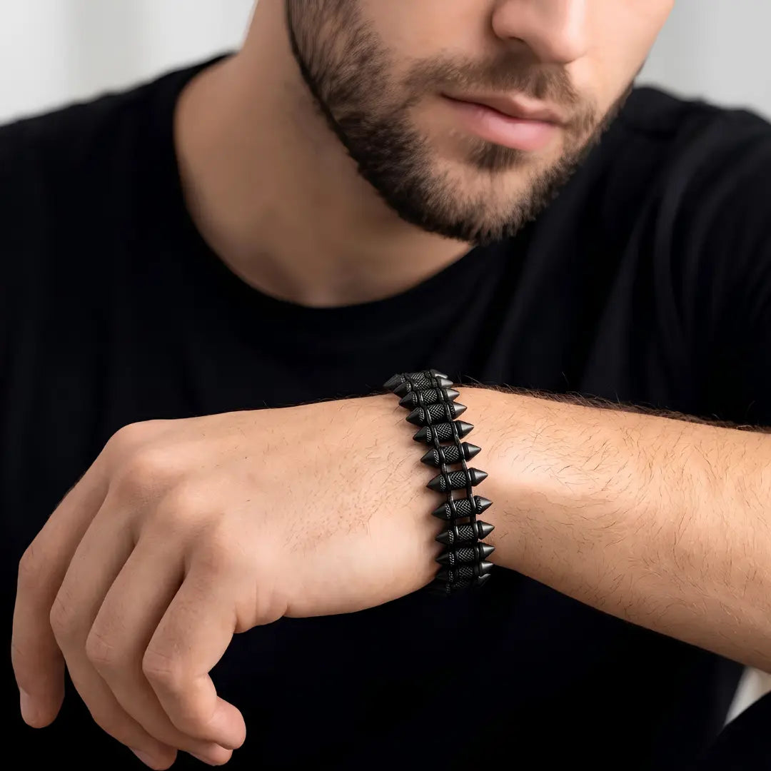 Geometric Spike Mesh Bracelet – 21cm 18mm Dual-Spike Link Punk Statement Cuff in Gold, Black & Silver for Men